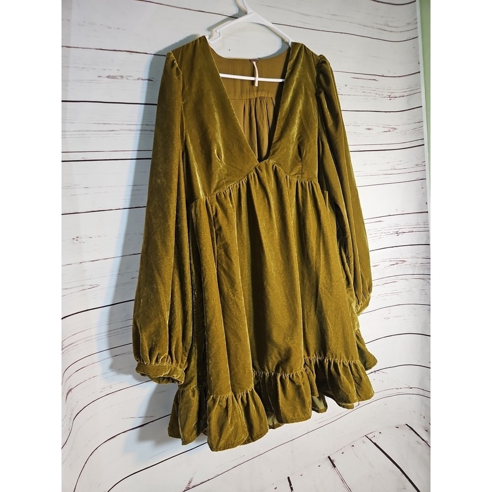 Free People Long Sleeve Estrella Velvet Mini Dress Olive Size M - Picture 2 of 8